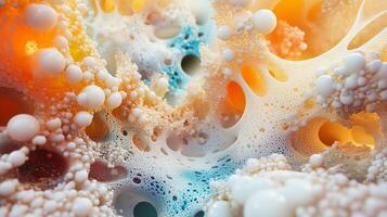 Colorful, abstract image of a cell with many small, white dots. The image is full of color and he is a representation of a cell photo