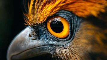 Close up of a bird's eye with a yellow iris. The eye is surrounded by feathers and the bird's head is also visible photo