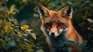 Fox is standing in a forest with green leaves. The fox is looking at the camera photo