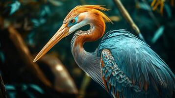 Large blue and orange bird with a long neck stands in a forest. The bird's feathers are ruffled, and it is looking to the left. The image has a serene and peaceful mood photo