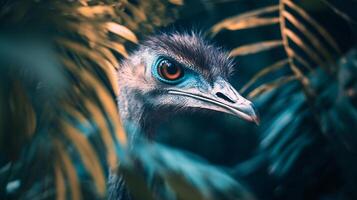 Close up of an ostrich's head with its eyes open and looking at the camera. The image has a surreal and dreamlike quality to it photo