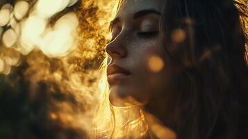Woman with long hair is looking at the camera with a peaceful expression. The sun is shining on her face, creating a warm and serene atmosphere photo