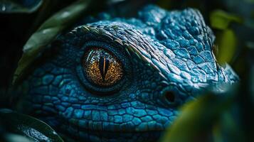 Close up of a blue lizard with yellow eyes. The eyes are large and prominent, and the lizard's skin is a deep blue color. The image has a mysterious and intriguing mood photo