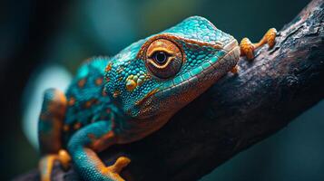 Colorful lizard is resting on a branch. The lizard is green and orange with a red stripe on its face photo