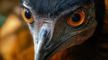 Bird's eye is shown in a close up. The eye is large and bright orange, with a black beak and a black face. The bird's face is surrounded by a brownish-orange background photo