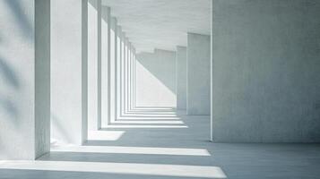 Long, empty hallway with white pillars and a white wall. The light is shining on the wall, creating a sense of emptiness and loneliness photo