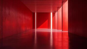 Red hallway with a light shining through a doorway. The light creates a warm and inviting atmosphere photo