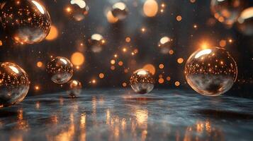 Series of shiny, metallic spheres are suspended in mid-air, creating a sparkling, ethereal effect. The orbs are arranged in a way that suggests they are floating or suspended in a void photo