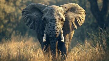 Large elephant is standing in a field of tall grass. The elephant is looking directly at the camera, creating a sense of curiosity and wonder. The scene evokes a feeling of awe photo