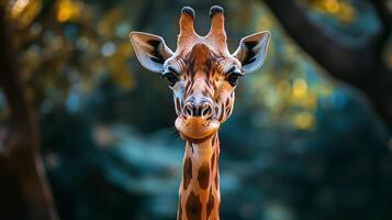 Giraffe is looking at the camera with its mouth open. The giraffe is in a forest with trees and leaves photo
