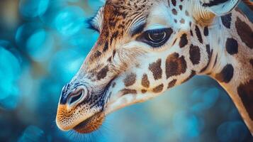 Giraffe with a blue background. The giraffe has a brown and white pattern on its face photo