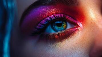 Woman's eye is covered in colorful makeup, including purple, blue, and green. The eye is surrounded by a bright, colorful background, which gives the impression of a fun, playful, and artistic look photo
