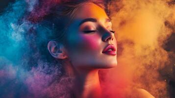Woman with colorful makeup and a colorful background. The background is a mix of colors and the woman's face is the main focus photo