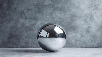 Silver ball is sitting on a grey surface. The ball is reflecting light and creating a shiny, metallic appearance. The grey background adds a sense of calmness and simplicity to the scene photo