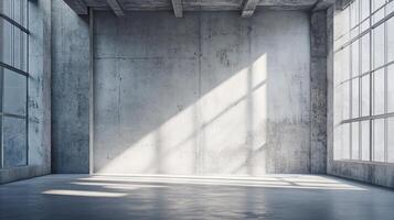 Large, empty room with a window in the middle. The room is bare and empty, with no furniture or decorations. The sunlight coming in through the window casts a warm glow on the walls photo