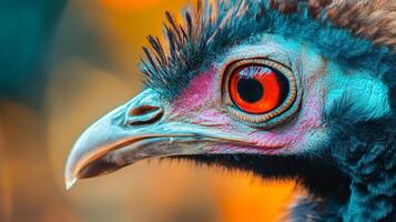 Bird with a red eye and a blue head. The bird is looking at the camera photo