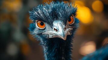 Blue ostrich with an angry expression. The bird's eyes are red and it has a long beak photo