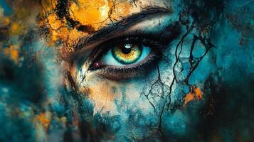 Woman's eye is shown in a painting with a blue background. The eye is surrounded by a lot of texture and has a lot of detail. The painting has a moody and mysterious feel to it photo