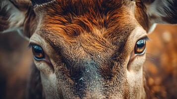 Close up of a deer's face with its eyes open. The deer's eyes are brown and it has a brownish-orange face photo
