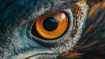 The eye of a bird is shown in a close up. The eye is large and has a bright orange color. The bird's eye is surrounded by feathers, giving it a sense of depth and texture photo