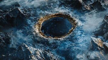 Blue and white image of a large hole in the ocean. The hole is surrounded by mountains and the sky. Scene is mysterious and awe-inspiring photo