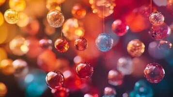 Colorful display of glass balls hanging from a string. The balls are of different sizes and colors, creating a vibrant and eye-catching scene. Scene is cheerful and festive photo
