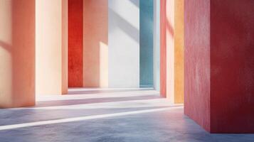 Long hallway with a series of colorful pillars. The pillars are of different colors, and the hallway is empty. Scene is calm and peaceful, with the empty hallway photo