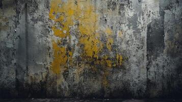 Wall with yellow and brown paint splatters. The wall is covered in a variety of textures and colors, giving it a worn and weathered appearance. Scene is somewhat chaotic and disorganized photo