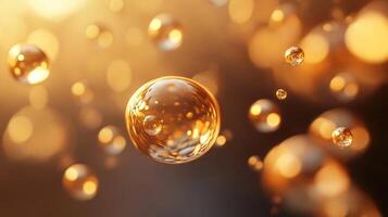 Close up of a bunch of bubbles with a yellowish tint. The bubbles are floating in the air and appear to be scattered all over the image. Scene is playful and lighthearted photo
