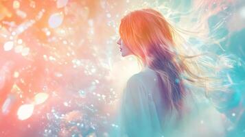 Woman with long hair is standing in front of a colorful background. The background is filled with bright colors and has a dreamy, ethereal quality to it. The woman's hair is flowing behind her photo