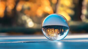 Clear ball is floating on the water. The reflection of the ball is seen in the water photo