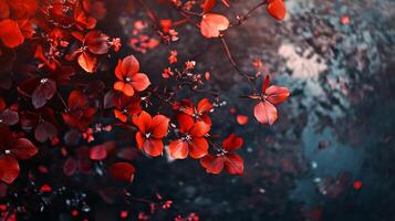 Close up of red flowers with a blue background. The flowers are in full bloom and the background is a mix of blue and red. Scene is serene and peaceful, as the flowers are the main focus photo