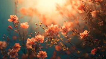 Field of flowers with a bright sun shining on them. The flowers are orange and yellow, and they are in full bloom. The scene is peaceful and serene, with the sun casting a warm glow on the flowers photo