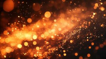 The image is a blurry, orange and black background with many small, glowing dots. The dots are scattered throughout the image, creating a sense of movement and energy. Scene is dynamic and lively photo