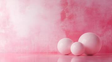 Pink wall with three white balls on it. The balls are arranged in a row and are placed on a pink background photo