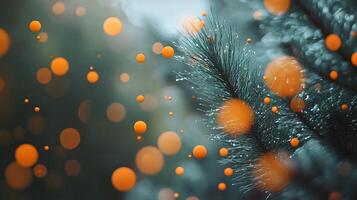 Tree with orange snowflakes falling on it. The snowflakes are scattered all over the tree, creating a beautiful and serene atmosphere photo