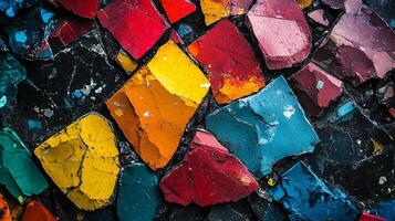 Colorful mosaic made of broken pieces of colored glass. The colors are bright and vibrant, creating a sense of energy and excitement. The mosaic is made up of various shapes and sizes photo