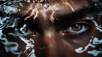 Man's face is partially submerged in water, with his eyes open and staring at the camera. The water creates a reflective surface that emphasizes the man's features photo