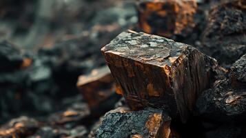 Large rock is surrounded by smaller rocks. The rock is dark and has a rough texture. The scene is desolate and barren, with no signs of life photo