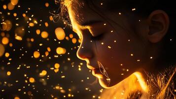 Girl is surrounded by a lot of light and sparkles. The light is coming from a source behind her, and the sparkles are coming from the light. The girl appears to be looking at the light photo