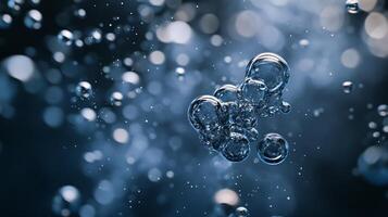 Blue background with many small bubbles floating in the air. The bubbles are of different sizes and shapes, creating a sense of movement and energy. Scene is playful and lighthearted photo