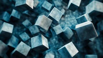 Blue and white image of cubes floating in the air. The cubes are of different sizes and are scattered throughout the image. Scene is one of chaos and disarray photo