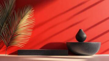 Black vase sits on a table in front of a red wall. The vase is the focal point of the scene, and the red wall serves as a backdrop. The scene is simple and minimalistic, with the vase photo