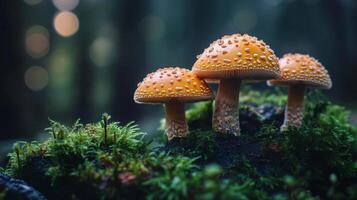 Three orange mushrooms are on a mossy log. The mushrooms are surrounded by green moss and the log is partially covered in moss. The image has a peaceful and natural feel to it photo