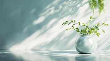 Vase with a plant in it sits on a table in front of a wall. The vase is white and the plant is green. The sunlight is shining on the vase and the plant, creating a peaceful and calming atmosphere photo