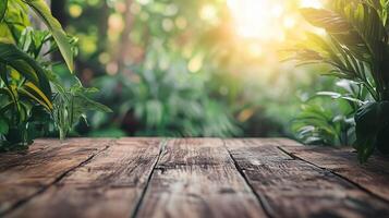 Wooden table with a view of a lush green forest. The table is empty and the view is of a forest with sunlight shining through the trees photo