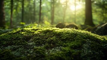 Forest with a mossy rock in the foreground. The moss is green and the sun is shining on it photo