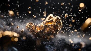 Gold object is surrounded by a cloud of dust. The image has a sense of chaos and destruction, as the gold object is being bombarded by the dust. The gold object appears to be a small, shiny rock photo