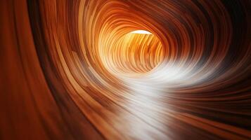 Long tunnel with a light shining through it. The tunnel is made of wood and has a warm, inviting feel photo