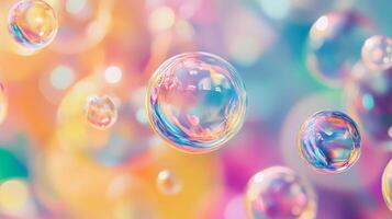 Colorful background with many bubbles of different sizes and colors. The bubbles are floating in the air and seem to be scattered all over the image. Scene is playful and whimsical photo